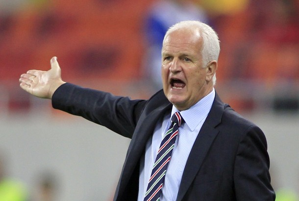 Belarus head coach Bernd Stange reacts during Euro 2012 Group D qualifying soccer match against Romania in Bucharest