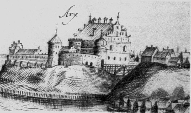Старый замок на гравюре Томаша Маковского в 1600 году