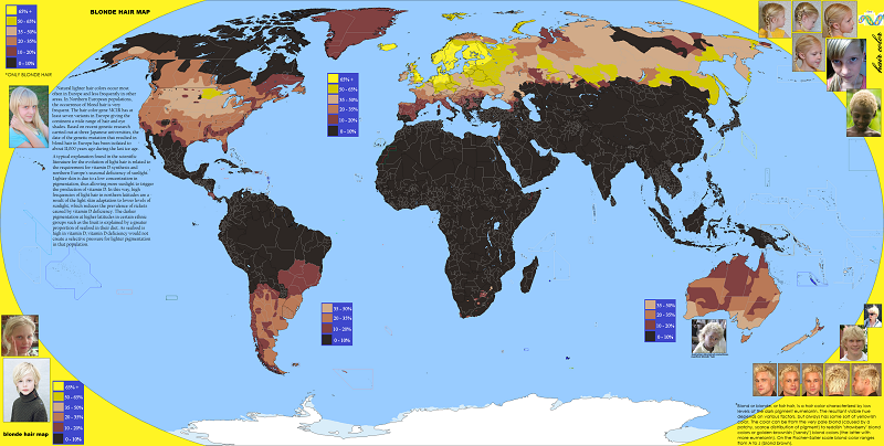 Карта частоты рождения блондинов в мире.