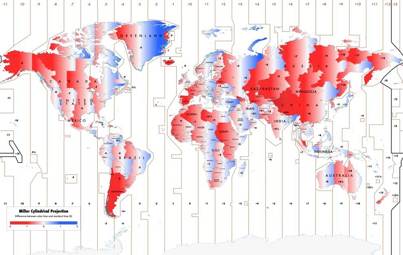 Карта несовпадения астрономического времени со временем на часах.